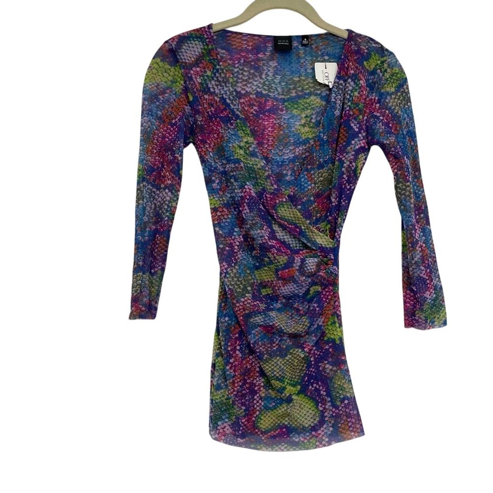 Black Saks Fifth Ave Purple & Blue 3/4 Sleeve Ruched Sheer Blouse Womens S Snake